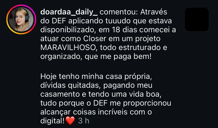 Print de depoimento de venda fechada por aluno